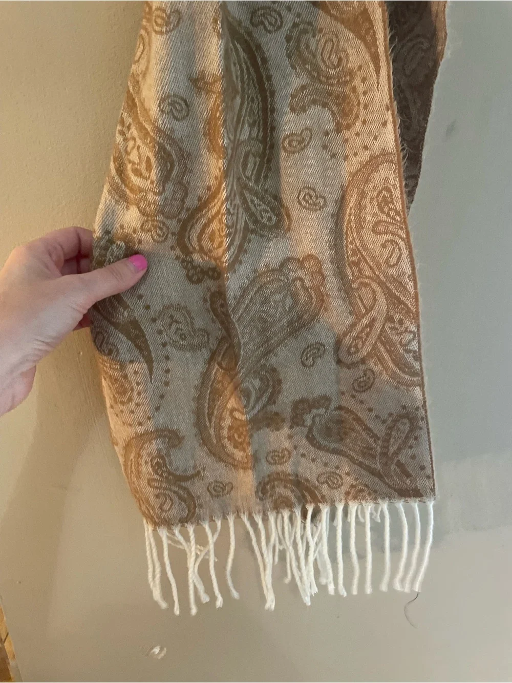 Cejon Italy Tan paisley print Fringe Scarf